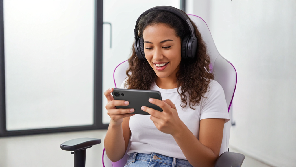 Νεαρή γυναίκα με ακουστικά παίζει παιχνίδια για κινητό σε gaming καρέκλα