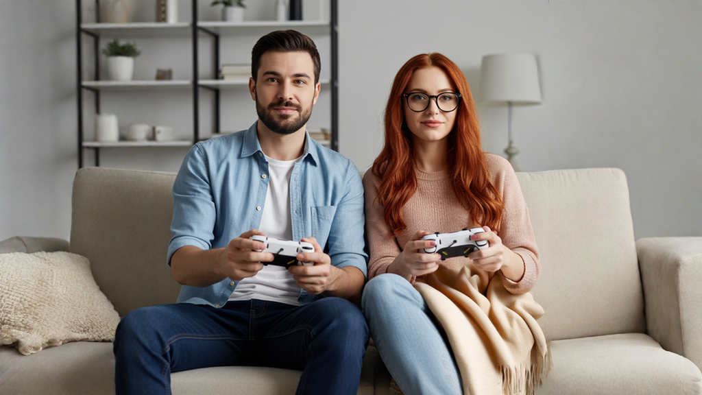 νας άνδρας και μια γυναίκα κάθονται σε έναν καναπέ, κρατώντας χειριστήρια playstation , παίζοντας βιντεοπαιχνίδια