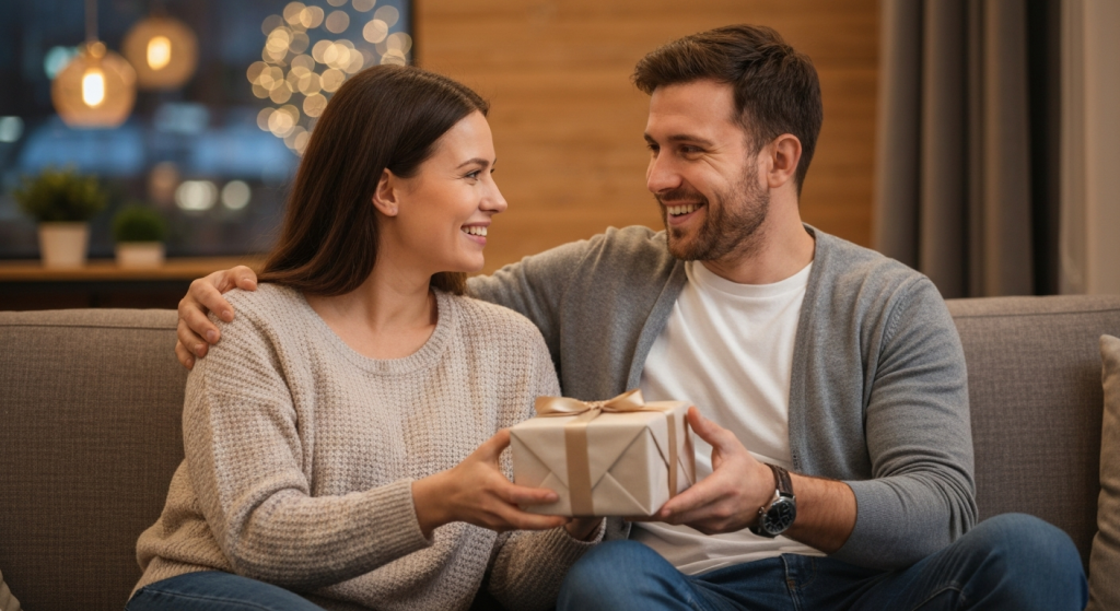 Γυναίκα δίνει δώρο Αγίου Βαλεντίνου σε άντρα στον καναπέ.