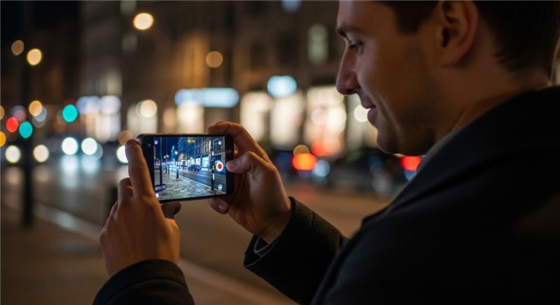 Άντρας τραβάει φωτογραφία από κινητό τη νύχτα στην πόλη.