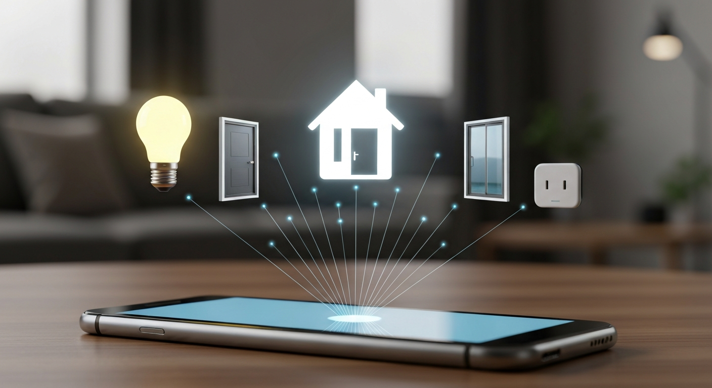Έλεγχος έξυπνου σπιτιού από smartphone, με φωτεινά εικονίδια για λάμπα, πόρτα, παράθυρο και πρίζα.
