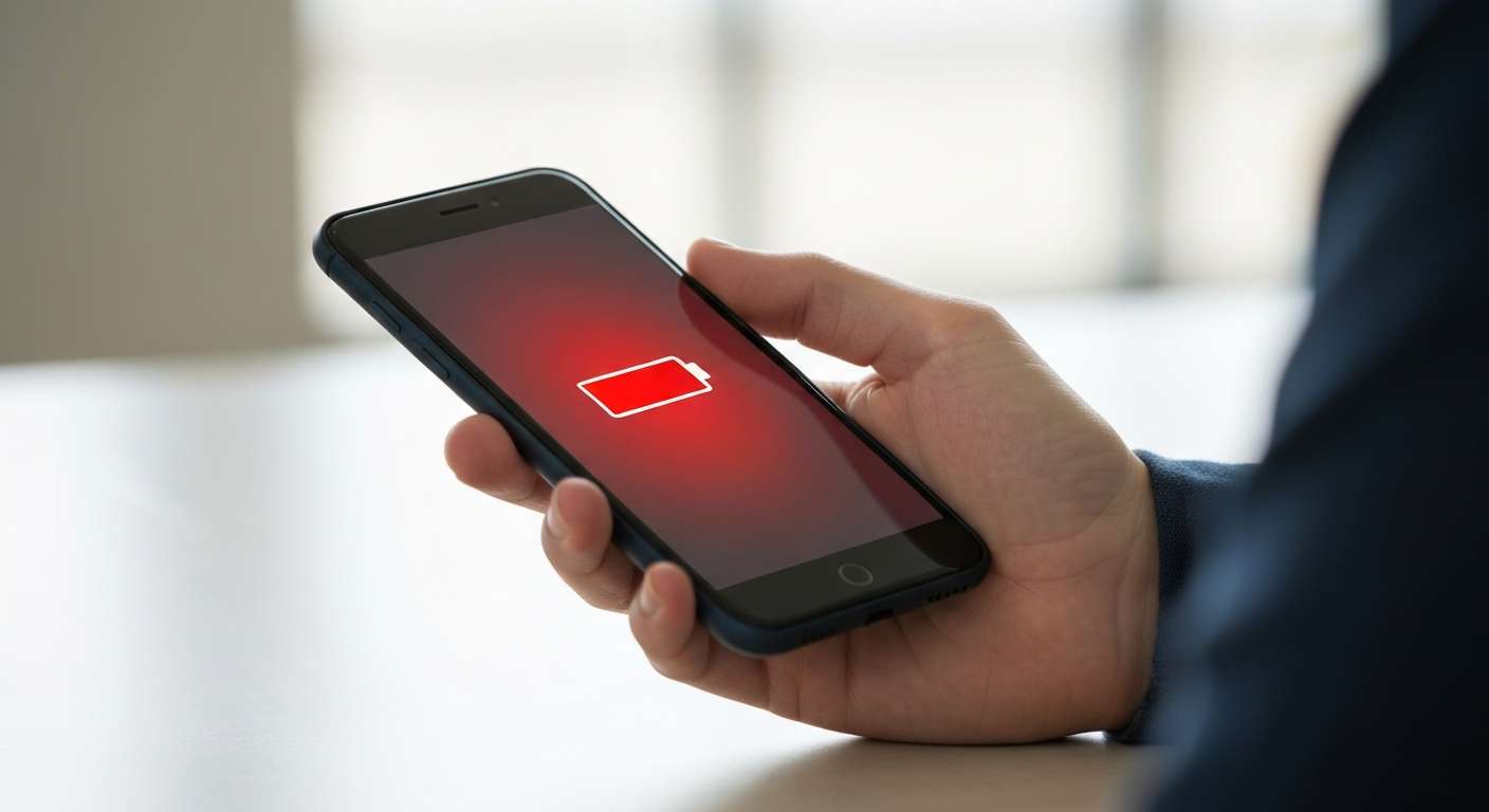 Χέρι κρατάει smartphone με ένδειξη πως έχει τελειώσει η μπαταρία.