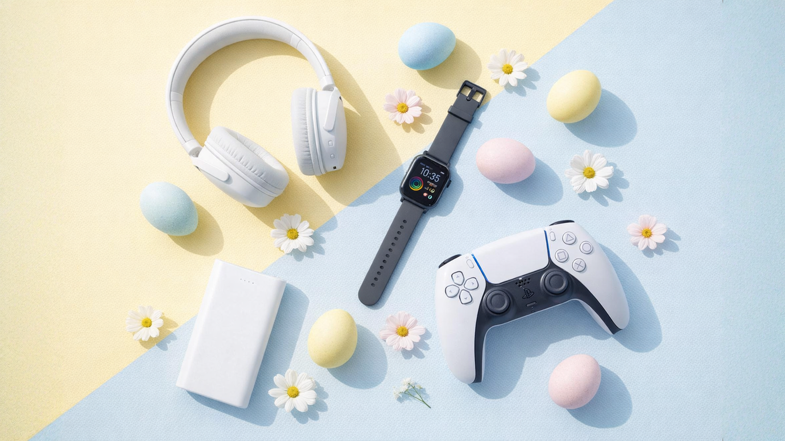 Πασχαλινές ιδέες για tech δώρα με ασύρματα ακουστικά, gaming χειριστήριο, smartwatch και powerbank, ανάμεσα σε παστέλ πασχαλινά αυγά και ανοιξιάτικα λουλούδια.