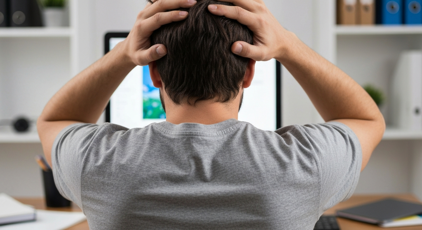 Άντρας κρατάει το κεφάλι του κοιτώντας τον υπολογιστή.