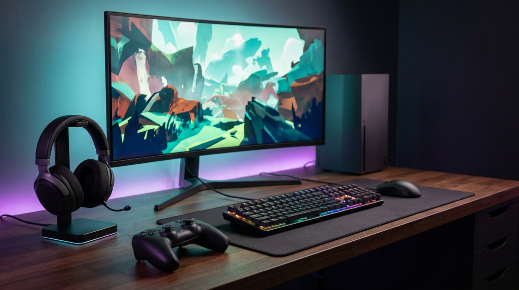 Οικονομικό gaming setup με οθόνη, ακουστικά headset, gamepad, RGB πληκτρολόγιο και ατμοσφαιρικό φωτισμό.