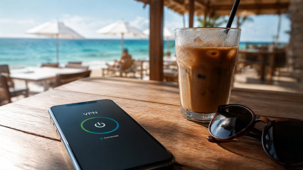Smartphone συνδεδεμένο σε VPN δίπλα σε καφέ και γυαλιά ηλίου σε τραπέζι στην παραλία.