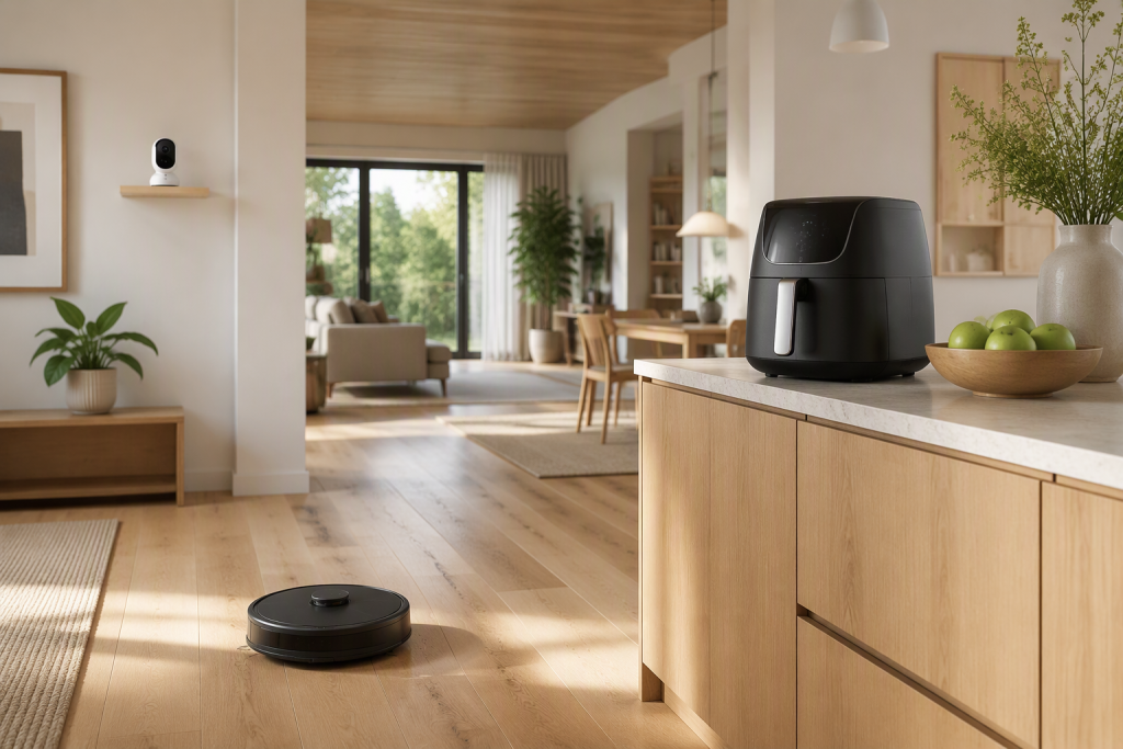 Έξυπνες συσκευές smart home όπως ρομποτική σκούπα, air fryer και κάμερα ασφαλείας σε σύγχρονο σπίτι