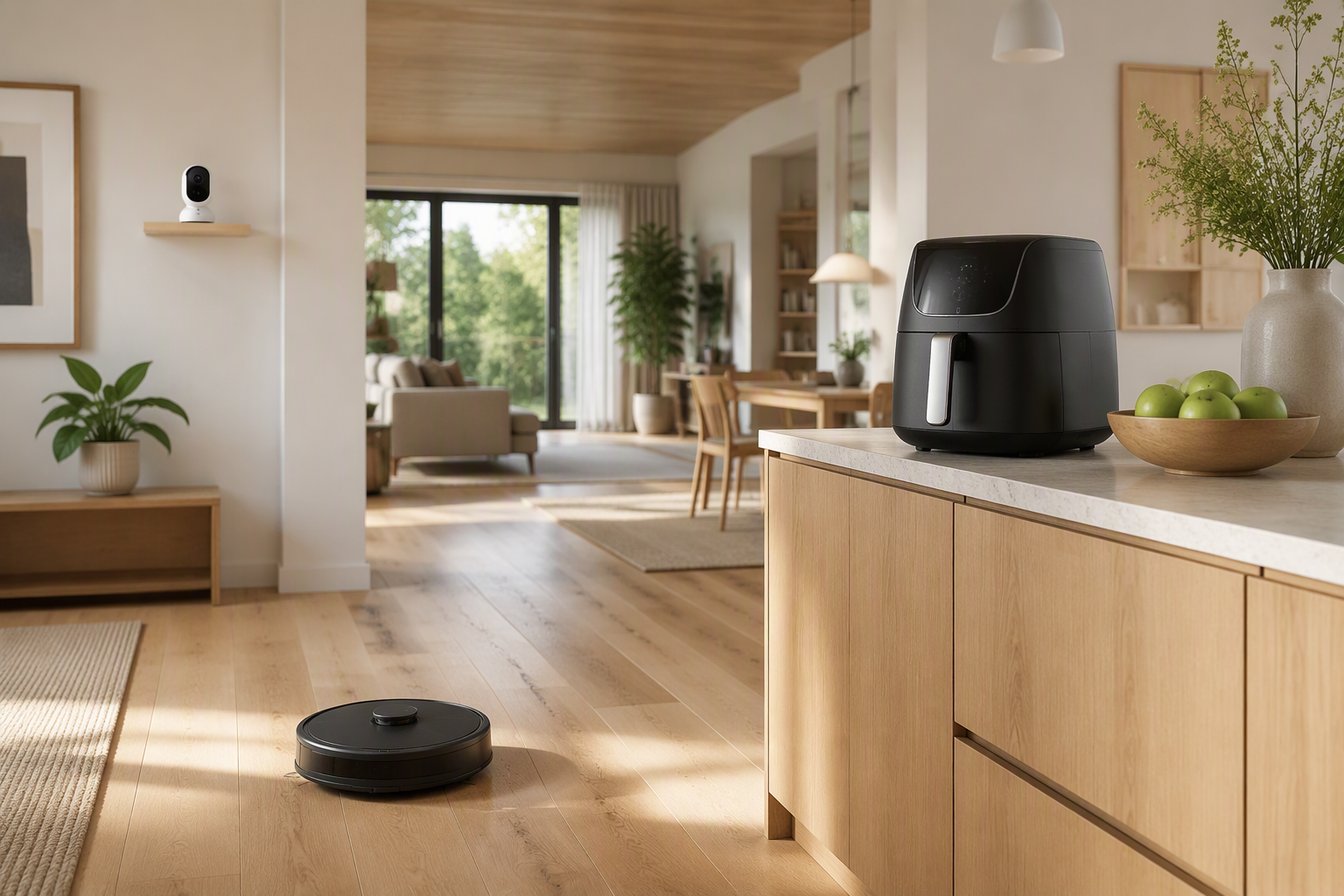 Έξυπνες συσκευές smart home όπως ρομποτική σκούπα, air fryer και κάμερα ασφαλείας σε σύγχρονο σπίτι